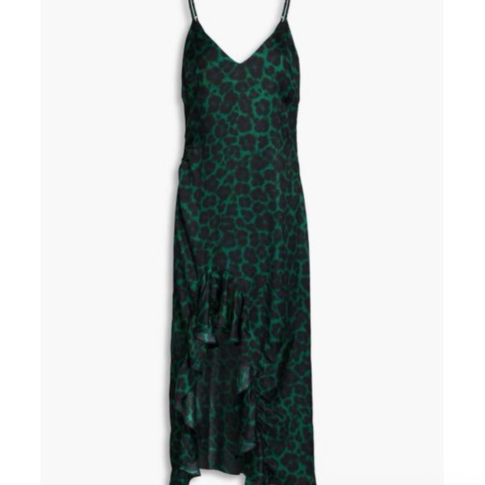 Sandro Women's Green Ruched Leopard-print Satin-twill Midi Slip Dress size 40 - Picture 2 of 8